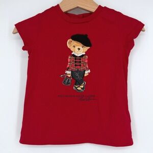 Ralph Lauren Girl's Red Polo Bear Short Sleeve Shirt Top Sz 12 Months Baby